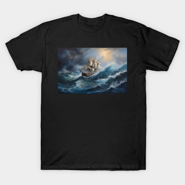 Ship Sailing Through The Deep Blue Sea Storm T-Shirt by Abeer Ahmad